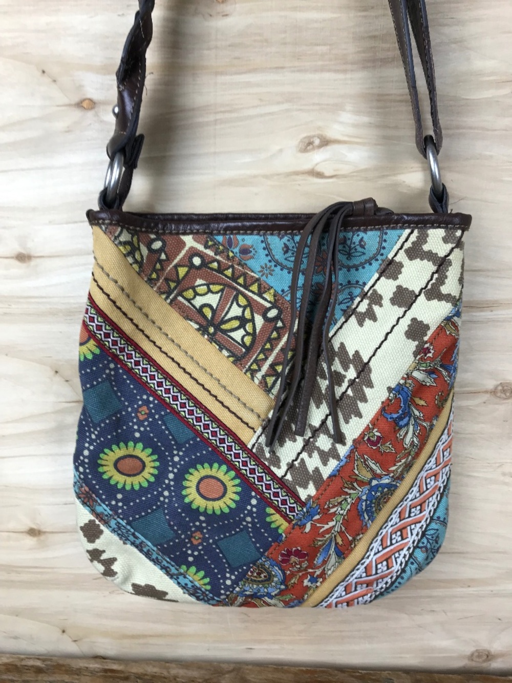 Fossil Patchwork‎ Canvas Purse Braided Leather Strap Multicolor Vintage Y2K